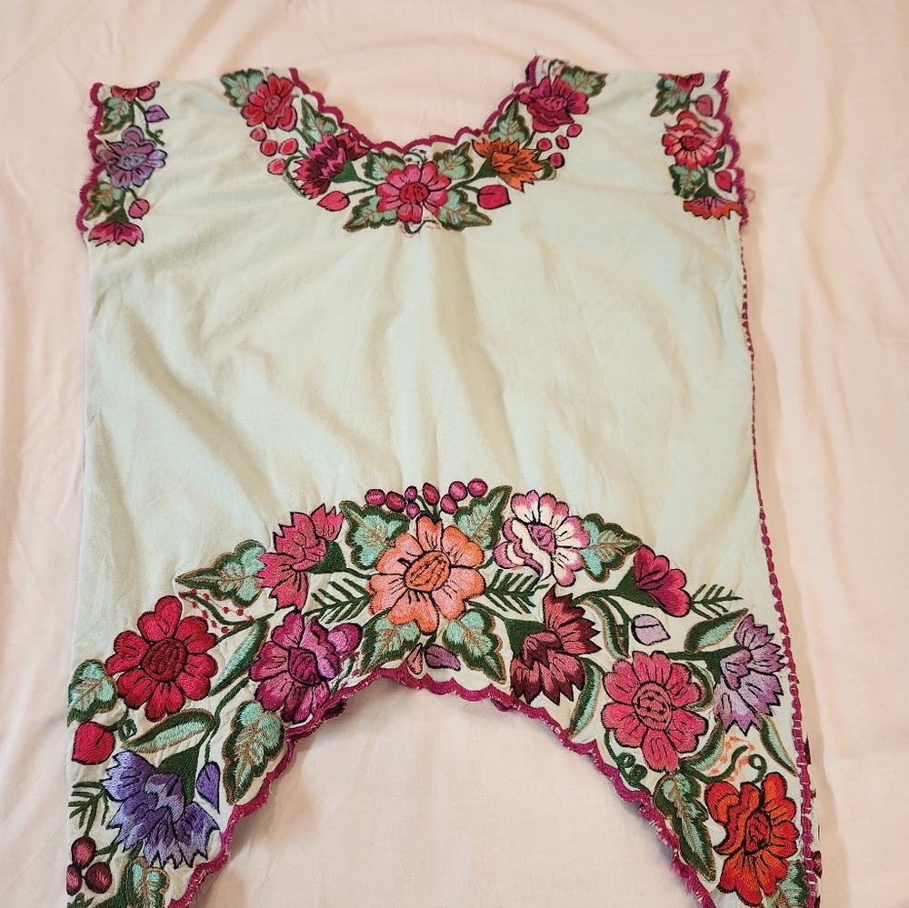 Women's Mint Embroidered Floral Arch Hem Linen Tunic Top Size L Handmade Artsy - Picture 11 of 11